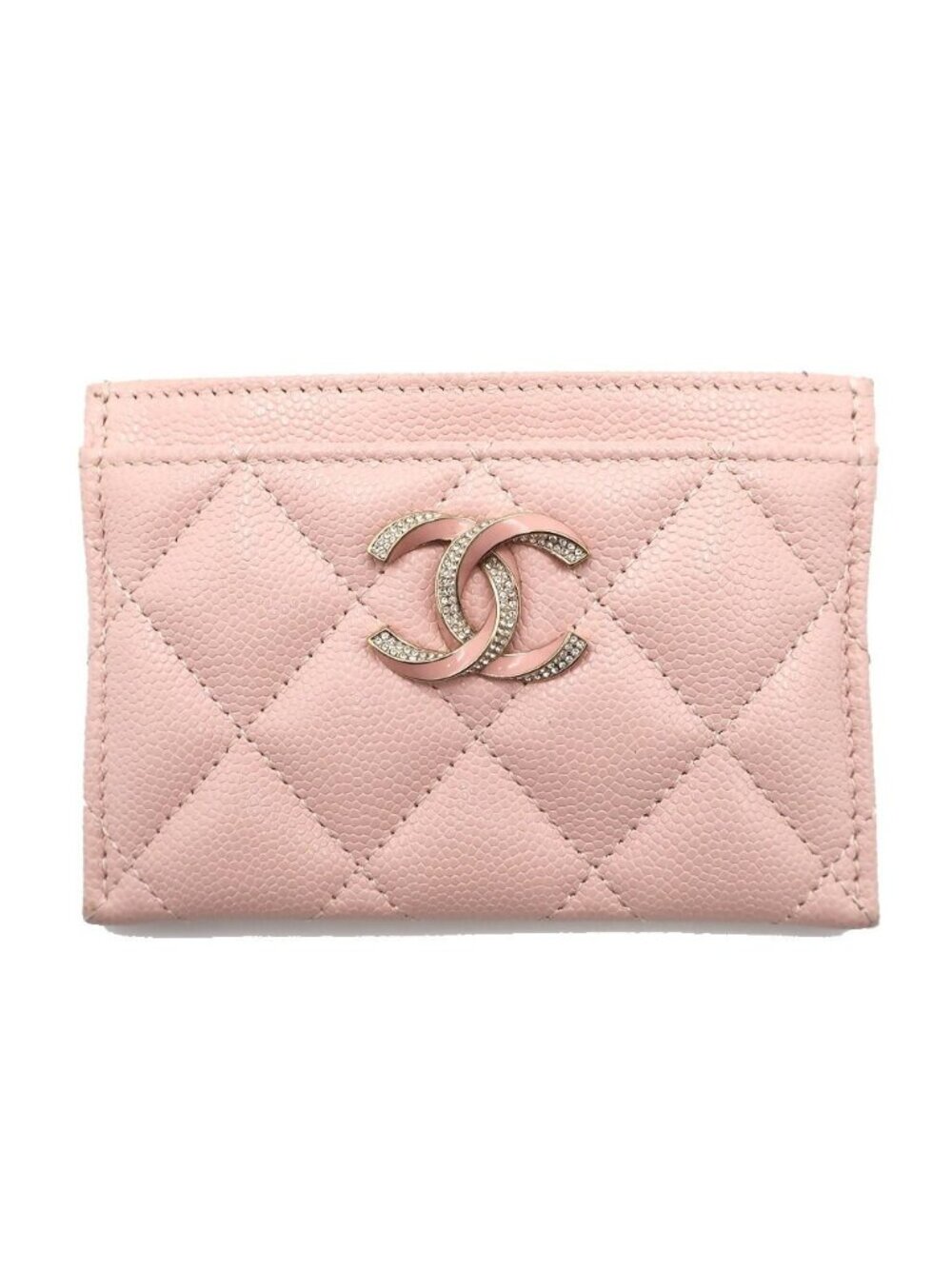 Chanel Ten Pass Case Card Case Pink Caviar Leather CC Logo Rhinestone